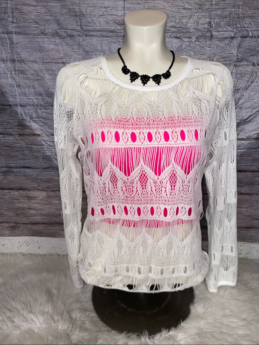 Sold* Miss Me White Crochet Pullover Sweater - Picture 2 of 9